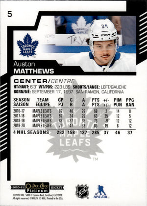 2020-21 Upper Deck O-Pee-Chee Platinum Hockey - Base #5 Auston Matthews - Toronto Maple Leafs