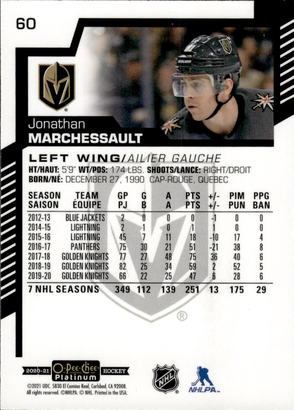 2020-21 Upper Deck O-Pee-Chee Platinum Hockey - Base #60 Jonathan Marchessault - Vegas Golden Knights