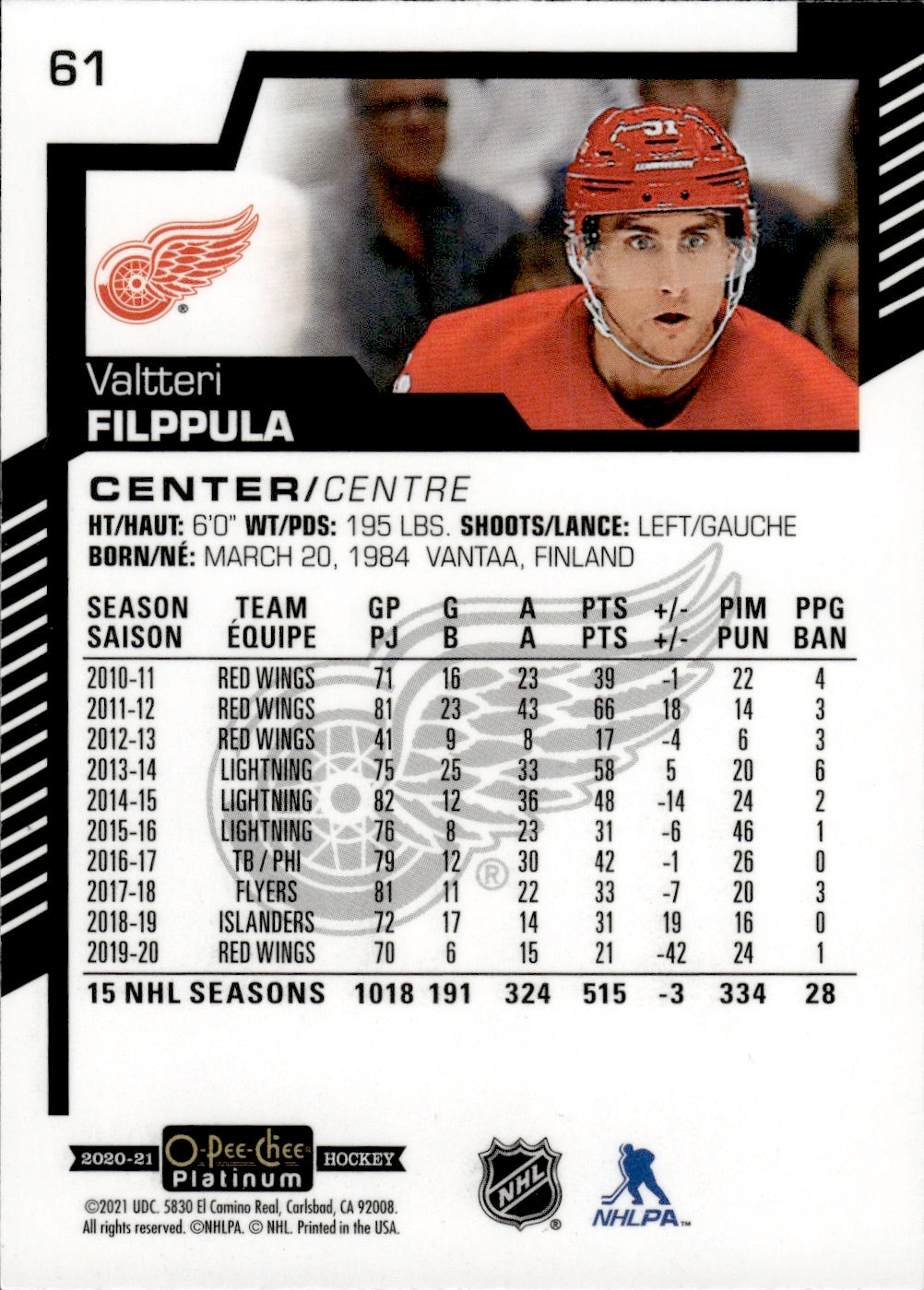 2020-21 Upper Deck O-Pee-Chee Platinum Hockey - Base #61 Valtteri Filppula - Detroit Red Wings