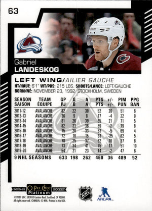 2020-21 Upper Deck O-Pee-Chee Platinum Hockey - Base #63 Gabriel Landeskog - Colorado Avalanche