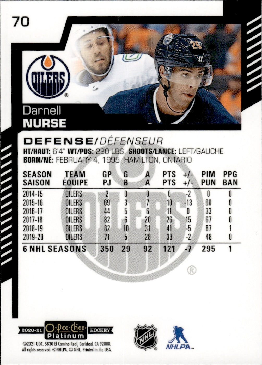 2020-21 Upper Deck O-Pee-Chee Platinum Hockey - Base #70 Darnell Nurse - Edmonton Oilers