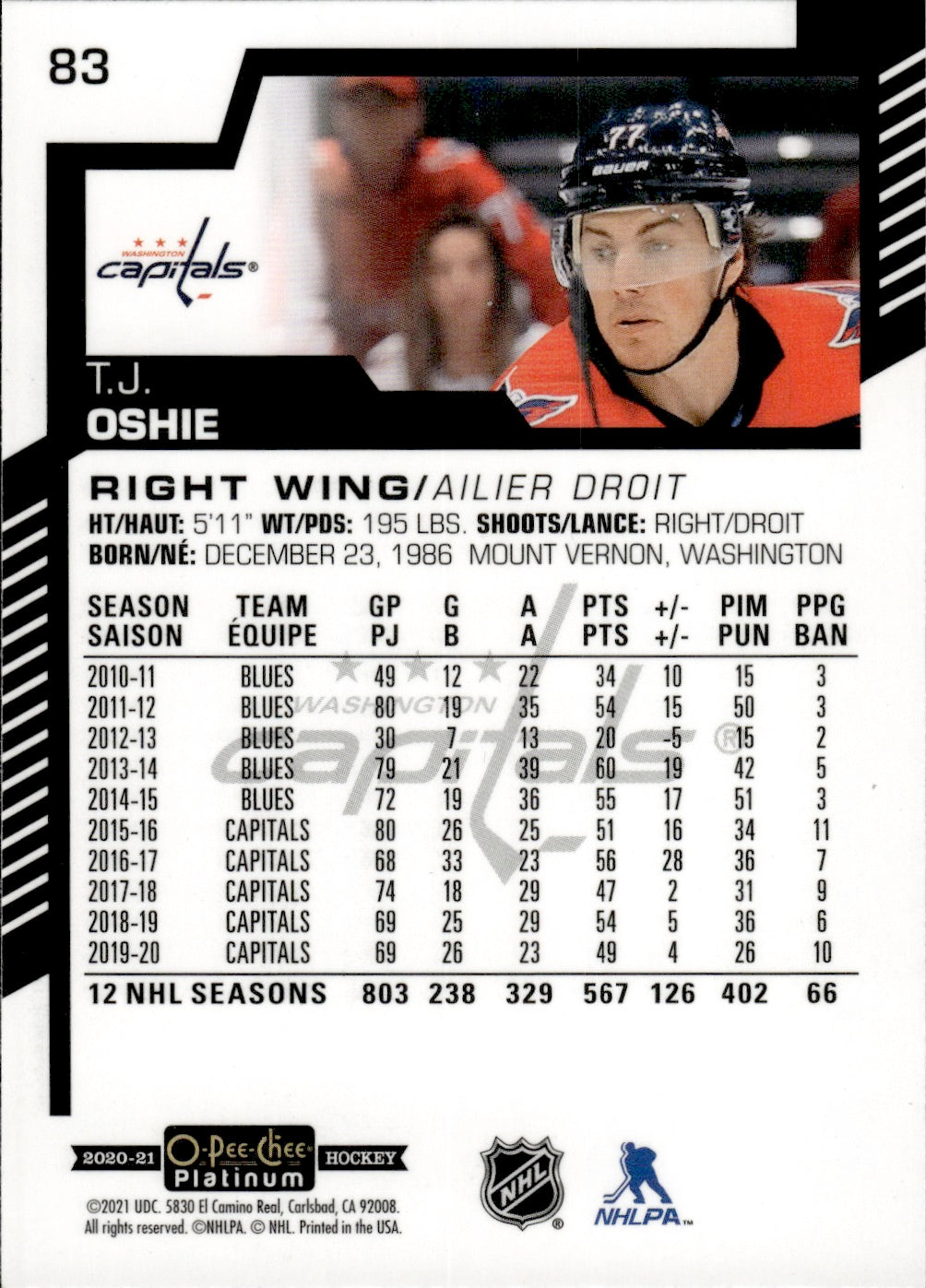 2020-21 Upper Deck O-Pee-Chee Platinum Hockey - Base #83 T.J. Oshie - Washington Capitals