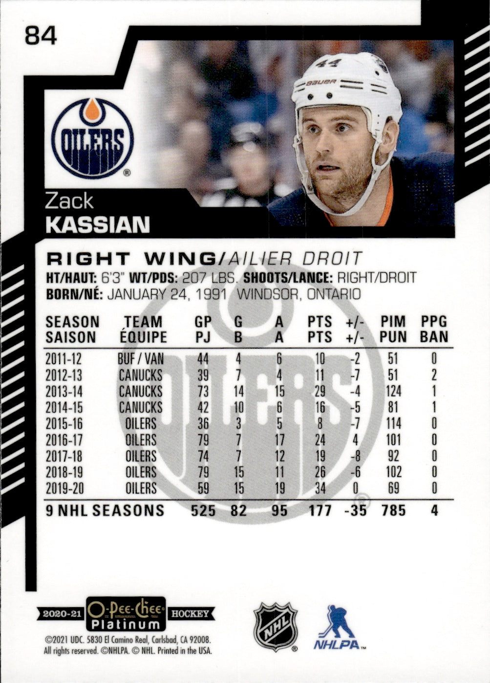 2020-21 Upper Deck O-Pee-Chee Platinum Hockey - Base #84 Zack Kassian - Edmonton Oilers