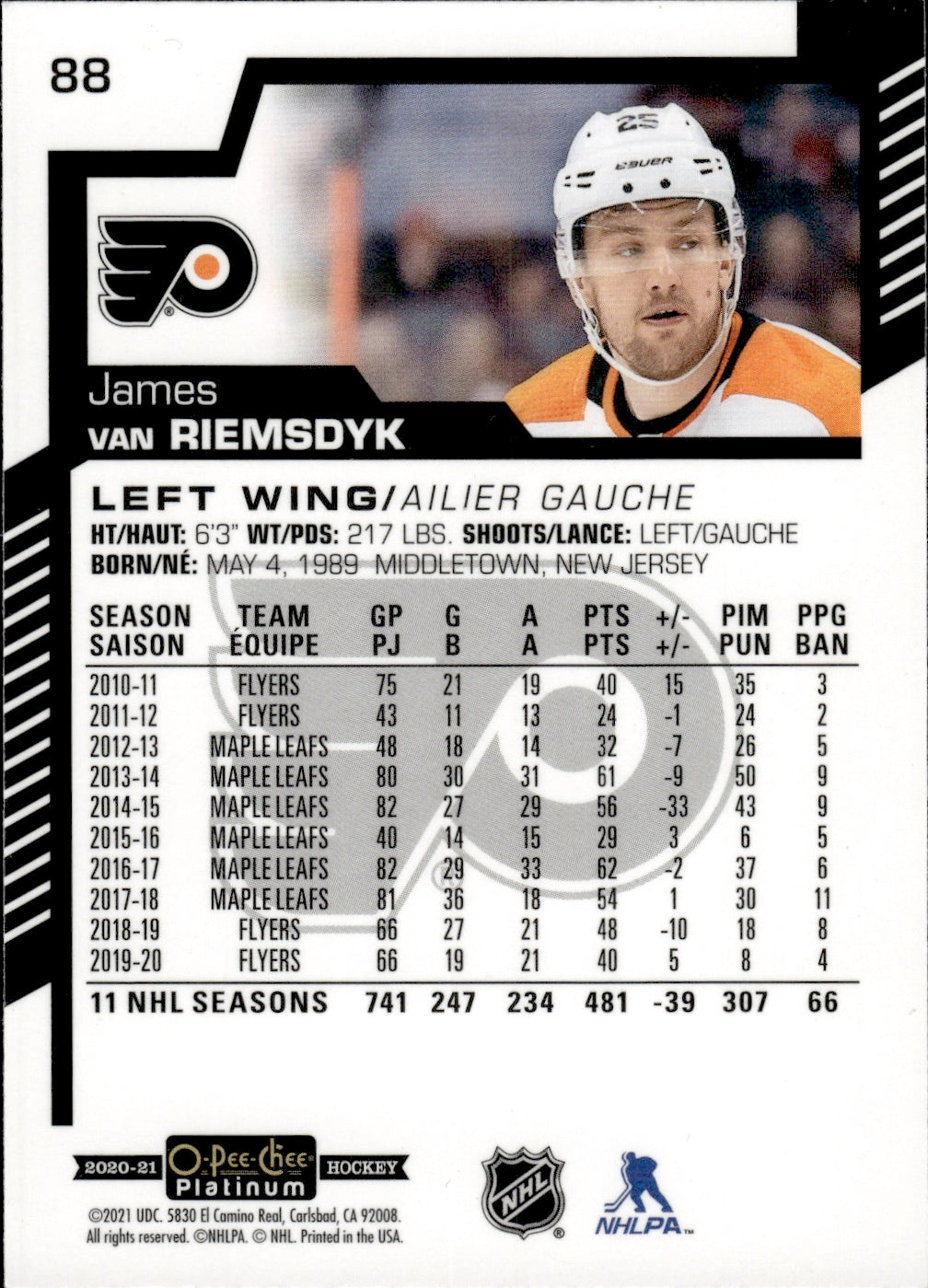 2020-21 Upper Deck O-Pee-Chee Platinum Hockey - Base #88 James Van Riemsdyk - Philadelphia Flyers