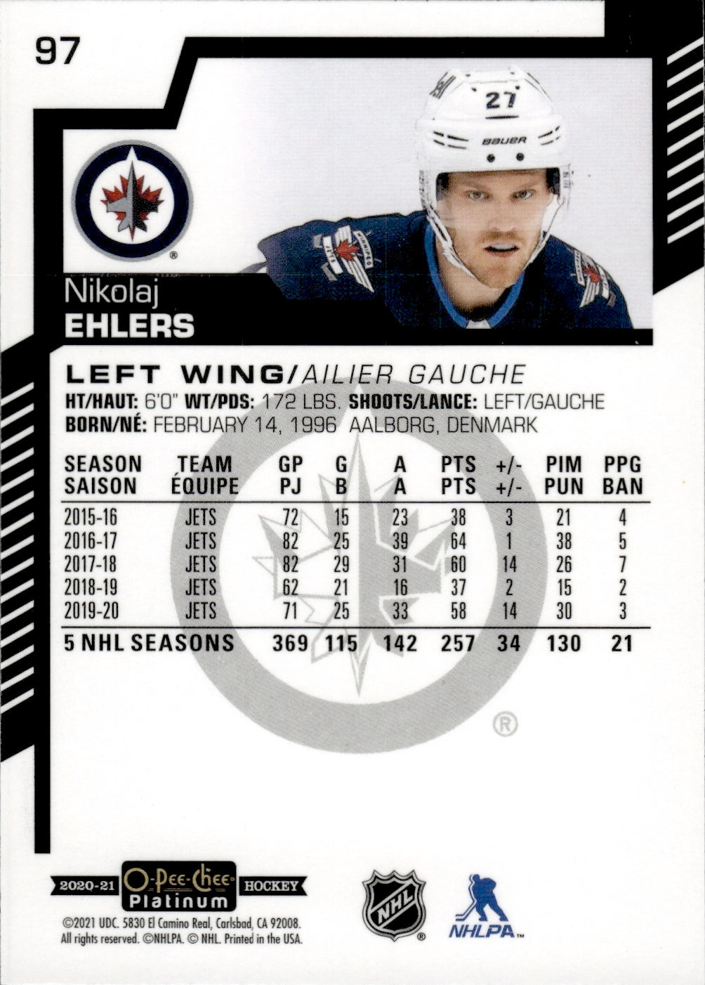 2020-21 Upper Deck O-Pee-Chee Platinum Hockey - Base #97 Nikolaj Ehlers - Winnipeg Jets