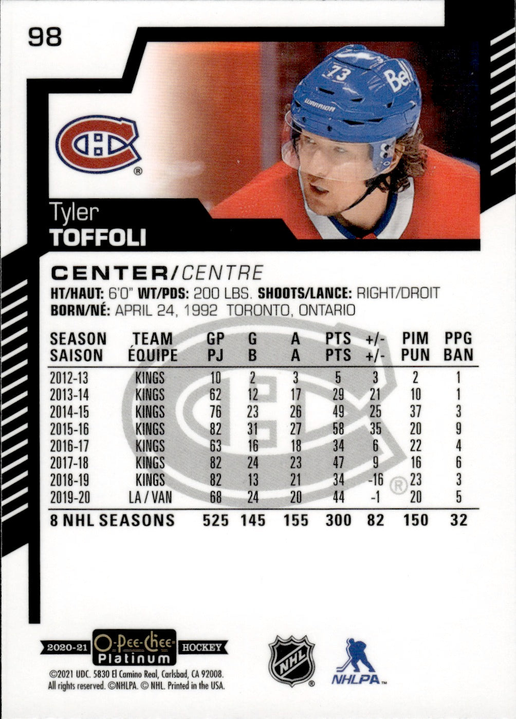 2020-21 Upper Deck O-Pee-Chee Platinum Hockey - Base #98 Tyler Toffoli - Montreal Canadiens