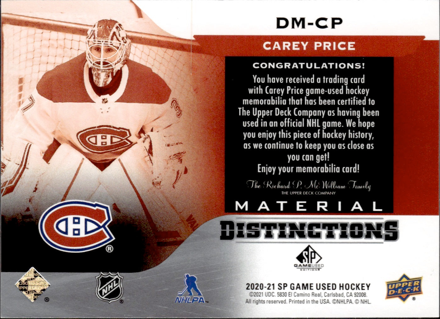 2020-21 Upper Deck SP Game Used Hockey Distinction Material #DM-CP Carey Price - Montreal Canadiens