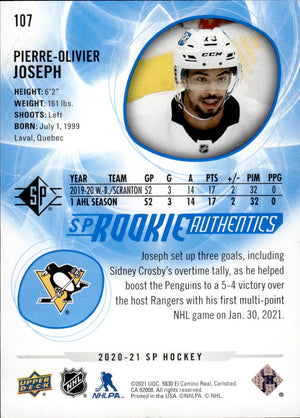 2020-21 Upper Deck SP Hockey Rookie #107 Pierre-Olivier Joseph - Pittsburgh Penguins