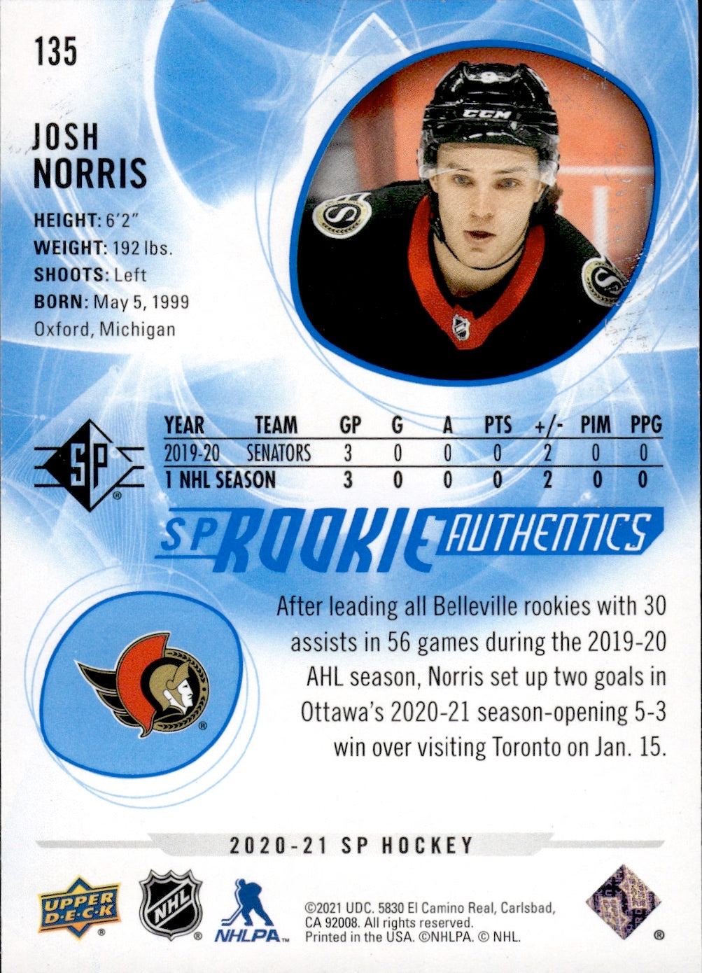 2020-21 Upper Deck SP Hockey Rookie #135 Josh Norris - Ottawa Senators