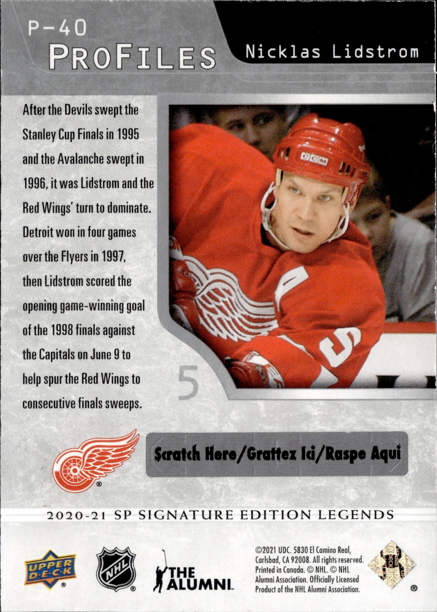 2020-21 Upper Deck SP Signature Edition Legends - Profiles #P-40 Nicklas Lidstrom - Detroit Redwings