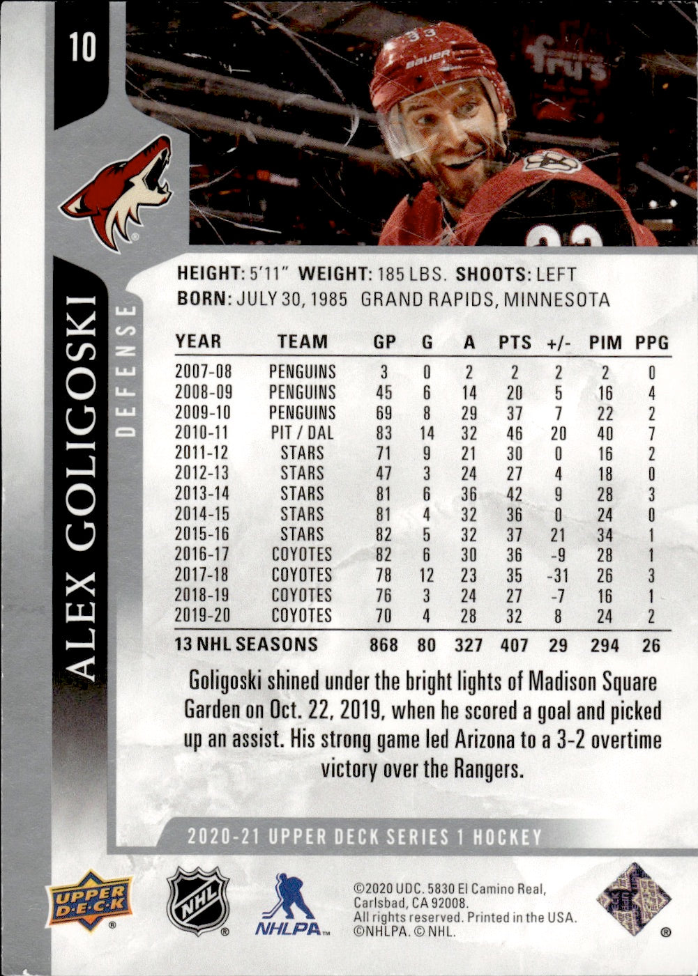 2020-21 Upper Deck Series 1 Hockey - Base #10 Alex Goligoski - Arizona Coyotes