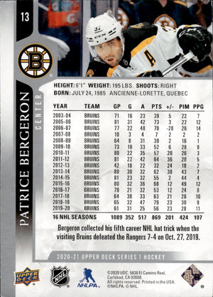 2020-21 Upper Deck Series 1 Hockey - Base #13 Patrice Bergeron - Boston Bruins