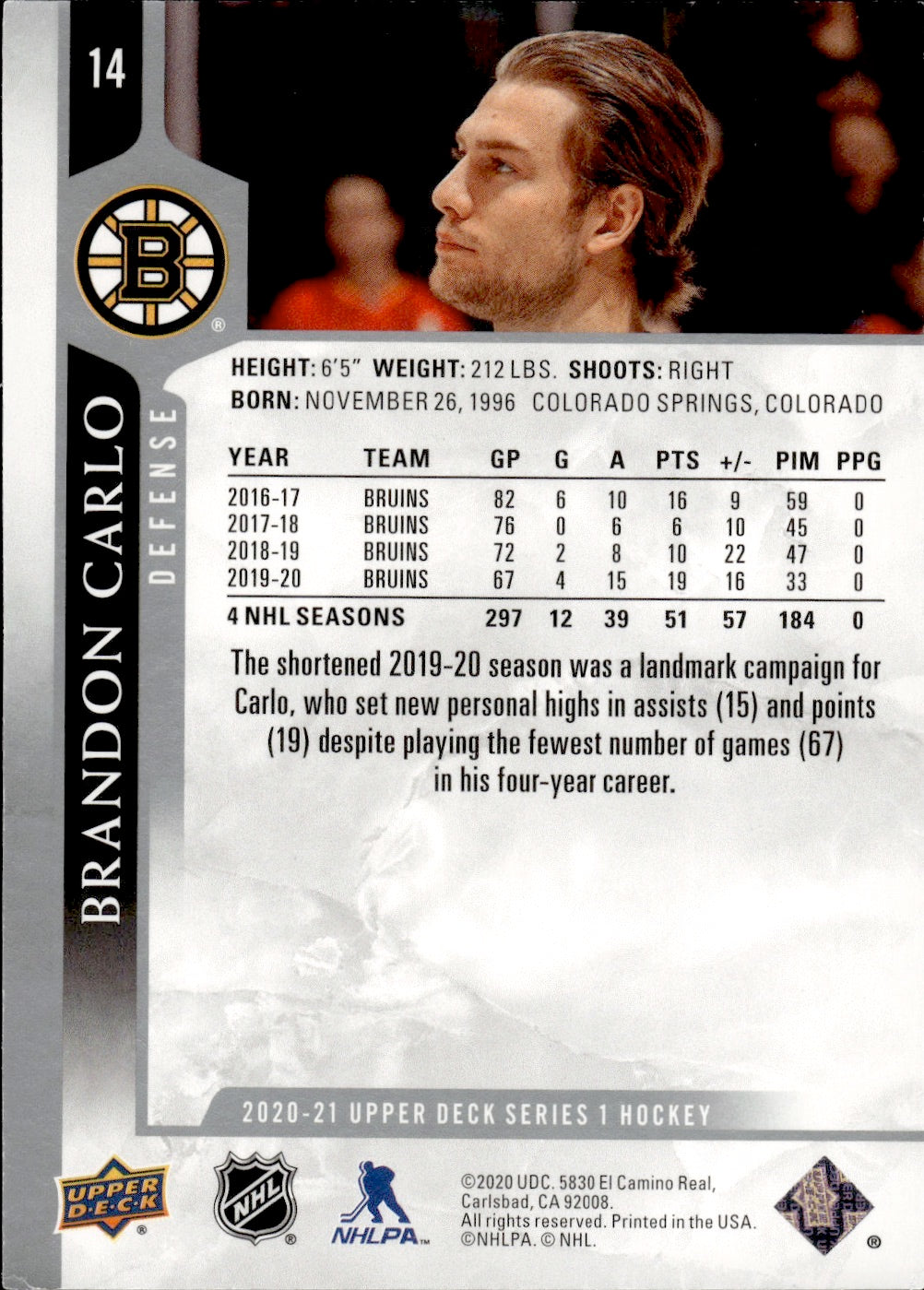 2020-21 Upper Deck Series 1 Hockey - Base #14 Brandon Carlo - Boston Bruins