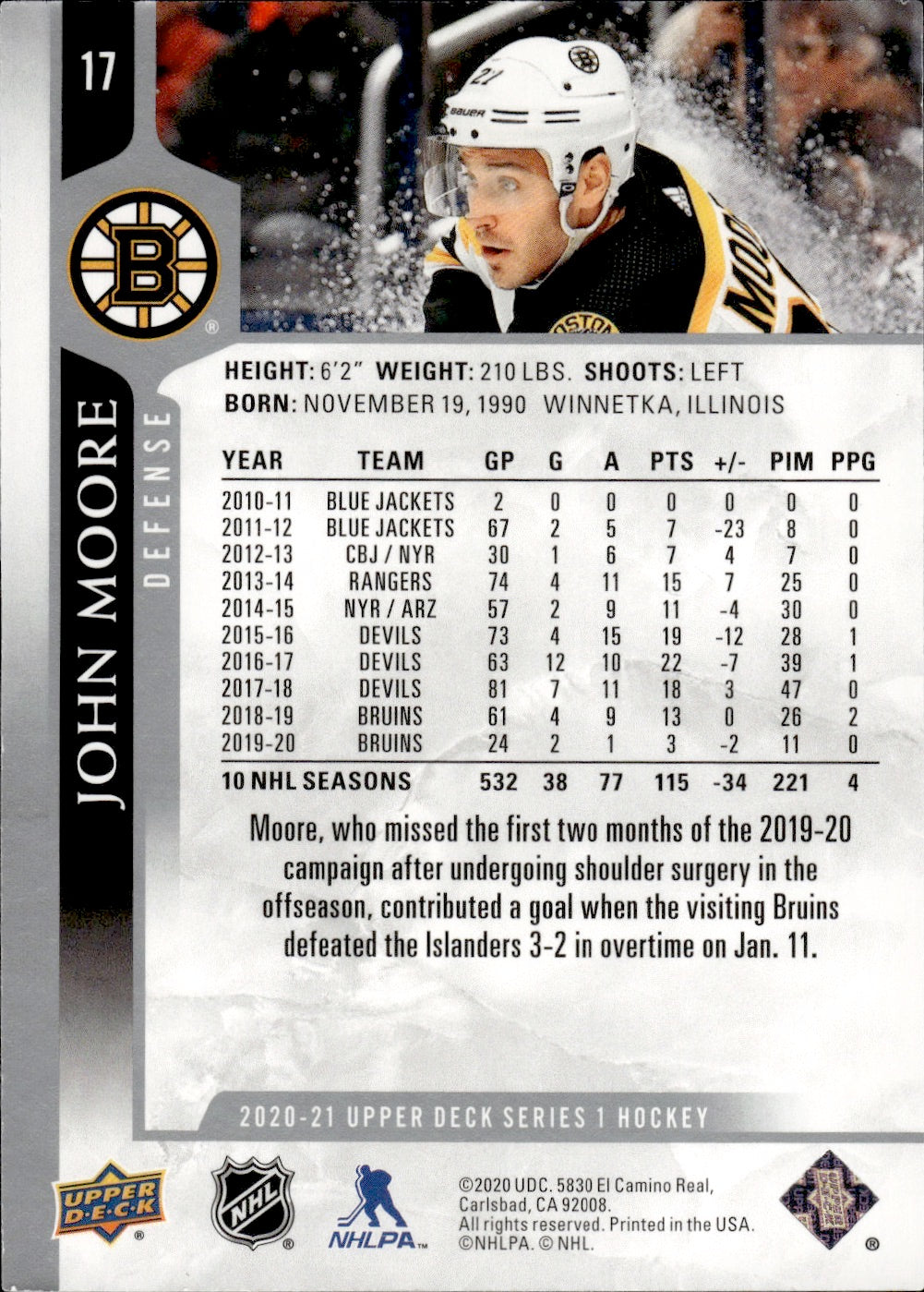 2020-21 Upper Deck Series 1 Hockey - Base #17 John Moore - Boston Bruins