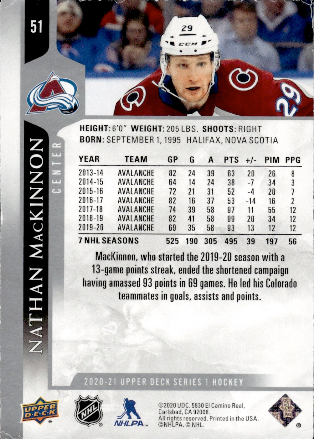 2020-21 Upper Deck Series 1 Hockey #51 Nathan MacKinnon - Colorado Avalanche