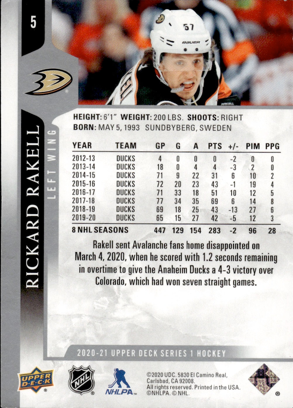 2020-21 Upper Deck Series 1 Hockey #5 Rickard Rakell - Anaheim Ducks