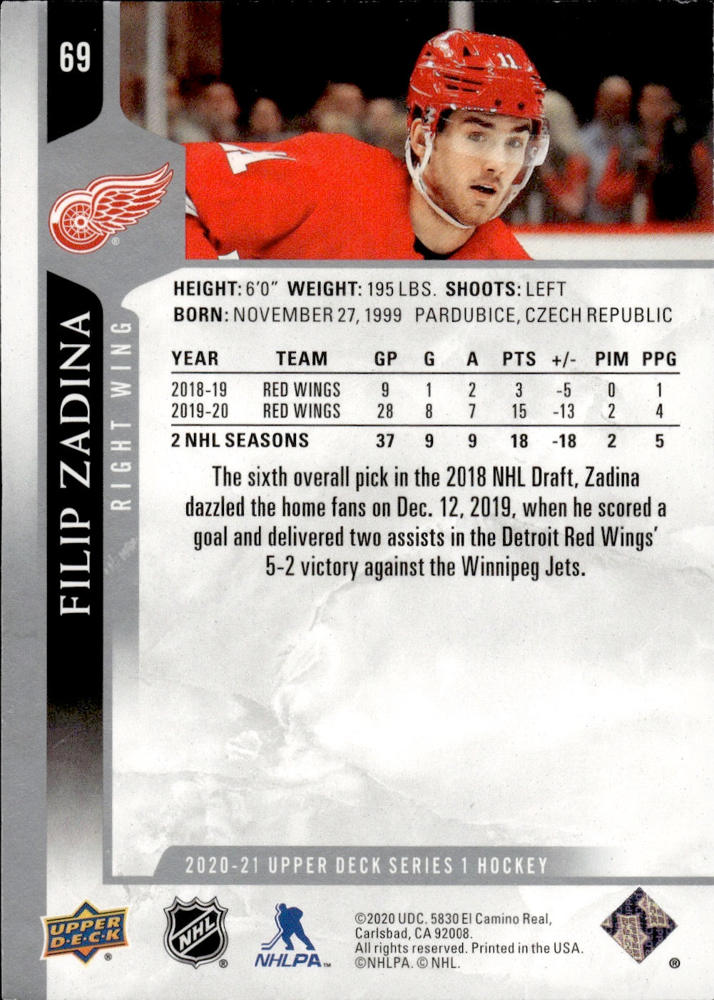 2020-21 Upper Deck Series 1 Hockey #69 Filip Zadina - Detroit Red Wings