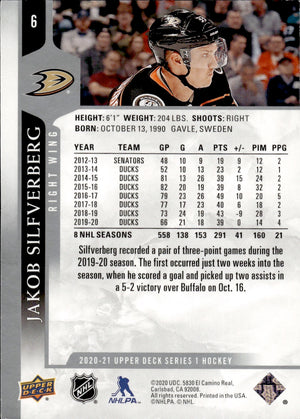 2020-21 Upper Deck Series 1 Hockey #6 Jakob Silferberg - Anaheim Ducks