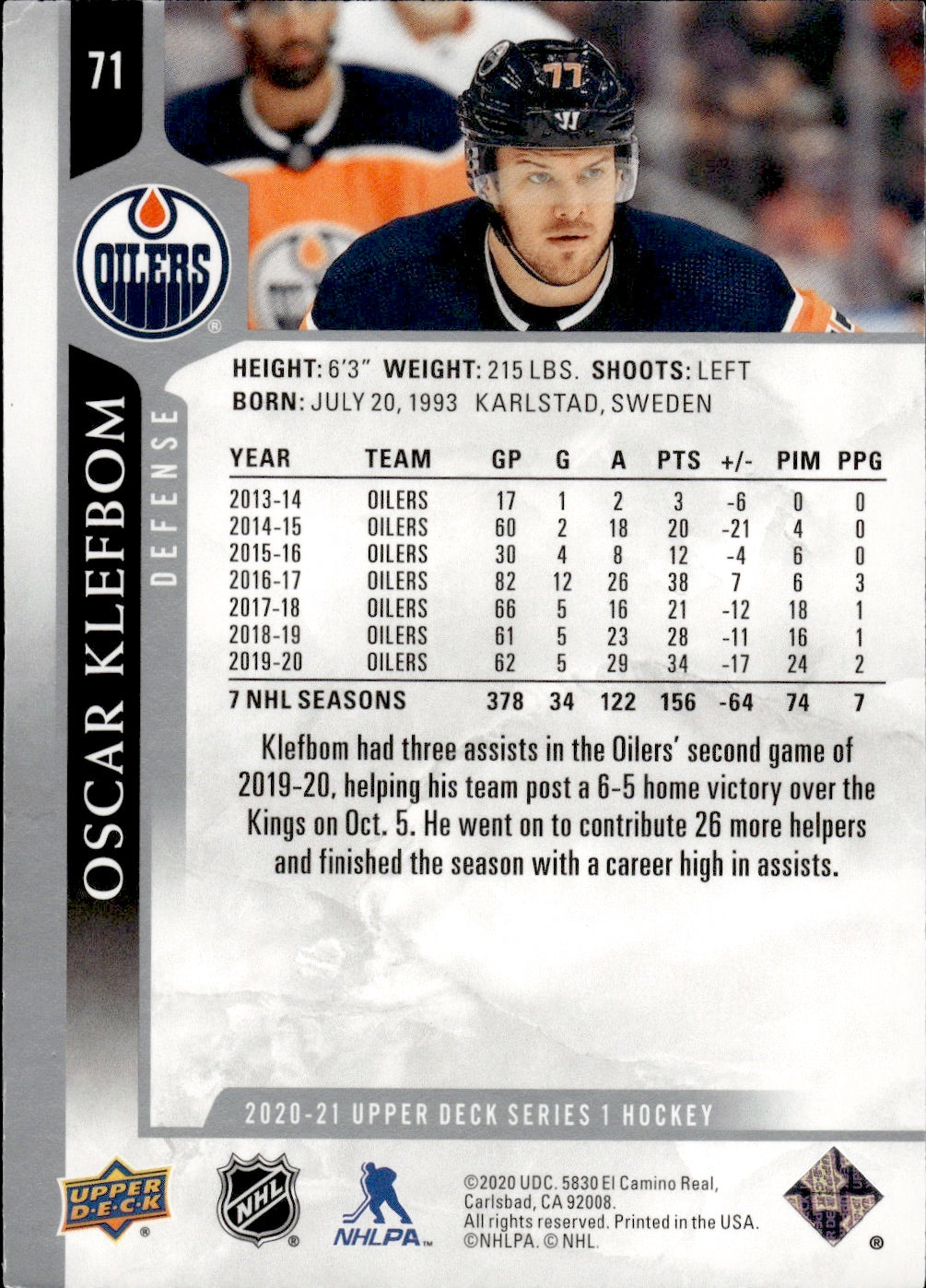 2020-21 Upper Deck Series 1 Hockey #71 Oscar Klefbom - Edmonton Oilers