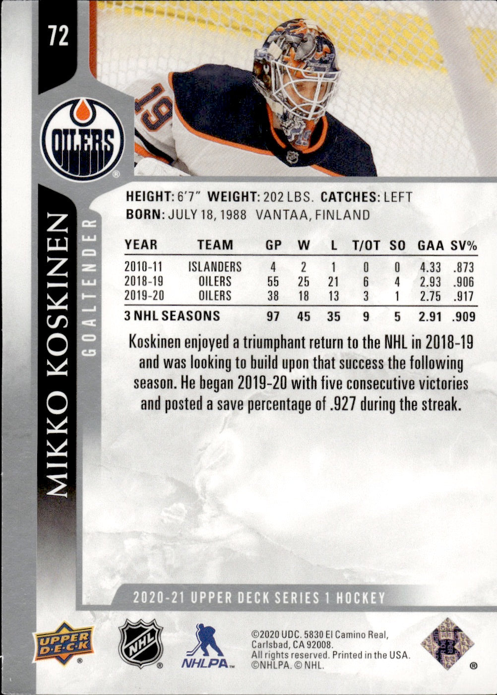 2020-21 Upper Deck Series 1 Hockey #72 Mikko Koskinen - Edmonton Oilers