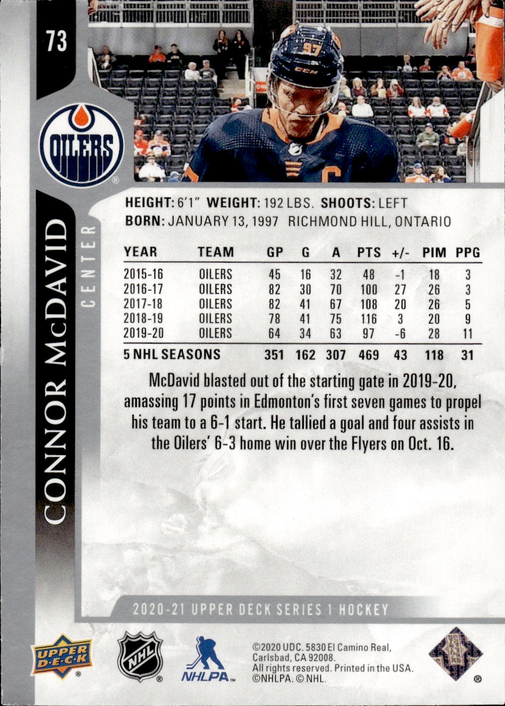 2020-21 Upper Deck Series 1 Hockey #73 Connor McDavid - Edmonton Oilers