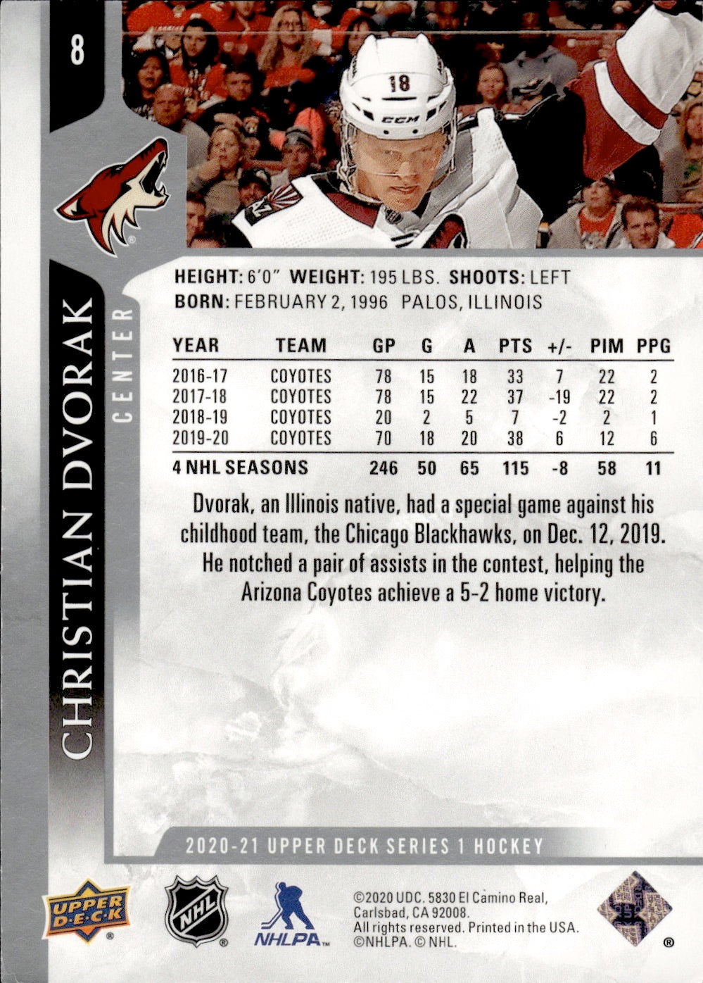 2020-21 Upper Deck Series 1 Hockey - Base  #8 Christian Dvorack - Arizona Coyotes