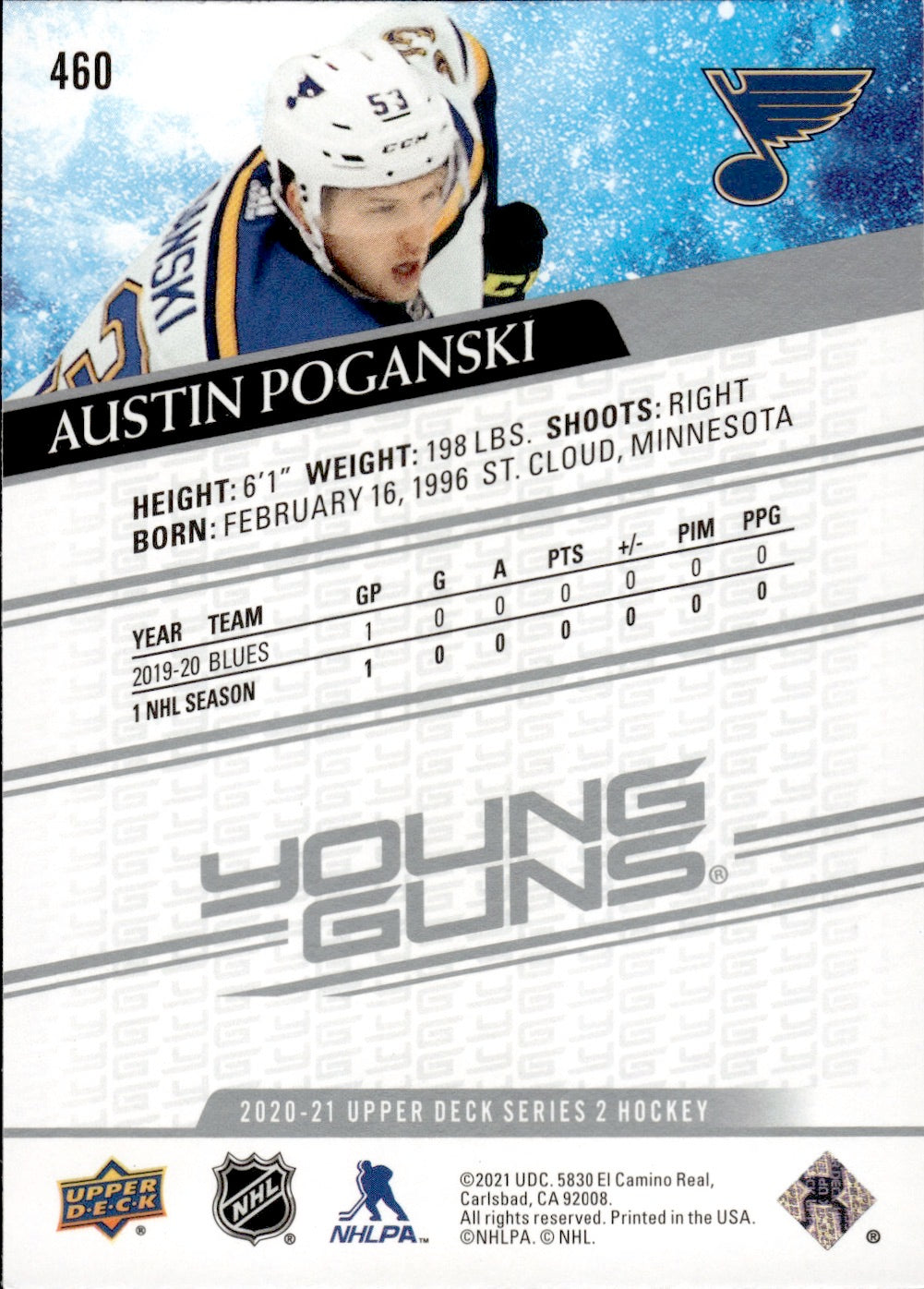 2020-21 Upper Deck Series 2 Hockey - Base - Young Guns #460 Austin Poganski - St. Louis Blues