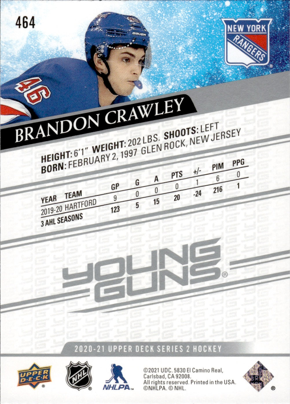 2020-21 Upper Deck Series 2 Hockey - Base - Young Guns #464 Brandon Crawley - New York Rangers