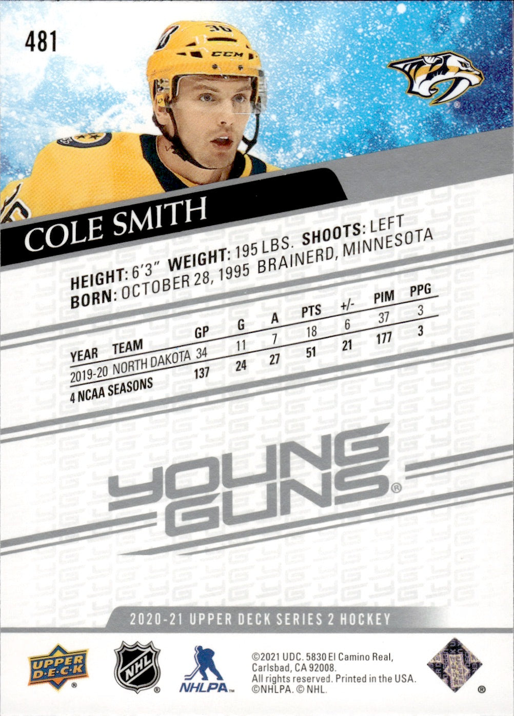 2020-21 Upper Deck Series 2 Hockey - Base - Young Guns #481 Cole Smith - Nashville Predators