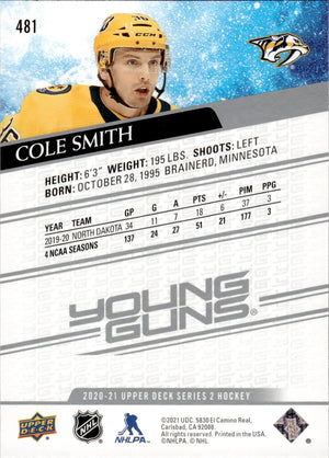 2020-21 Upper Deck Series 2 Hockey - Base - Young Guns #481 Cole Smith - Nashville Predators