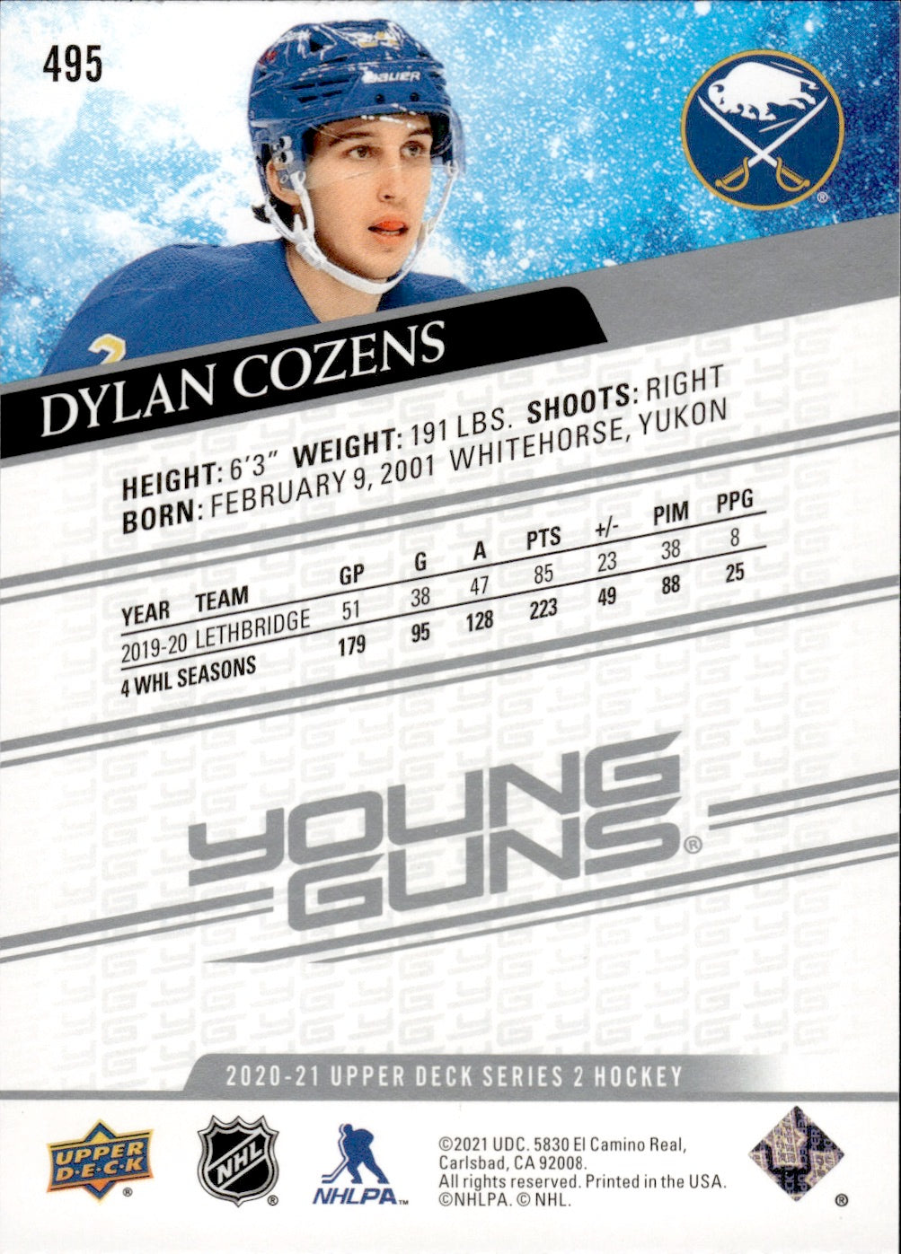 2020-21 Upper Deck Series 2 Hockey - Base - Young Guns #495 Dylan Cozens - Buffalo Sabres