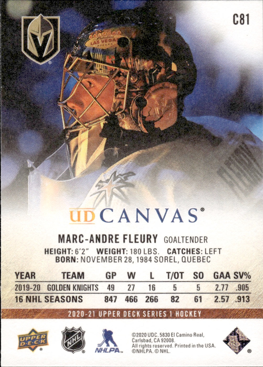 2020-21 Upper Deck Series 2 Hockey - UD Canvas #C81 Marc-Andre Fleury - Vegas golden Knights