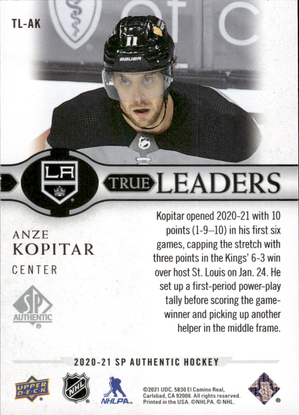 2020-21 Upper Deck Sp Authentic Hockey True Leaders #TL-AK Anze Kopitar - Los Angeles Kings