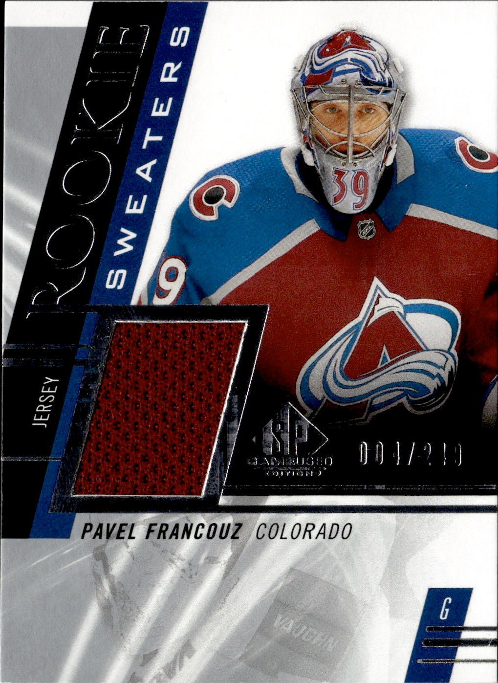 2020-21 Upper Deck Sp Game USed Hockey Rookie Sweaters /249 #RS-PF Pavel Francouz - Colorado Avalanche