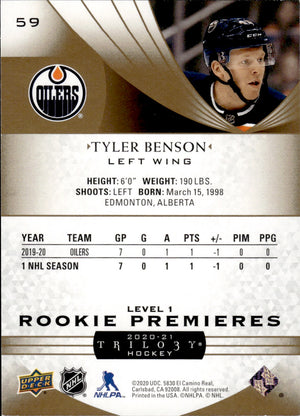 2020-21 Upper Deck Trilogy Hockey Rookie Premiers Level 1 /999 #59 Tyler Benson - Edmonton Oilers