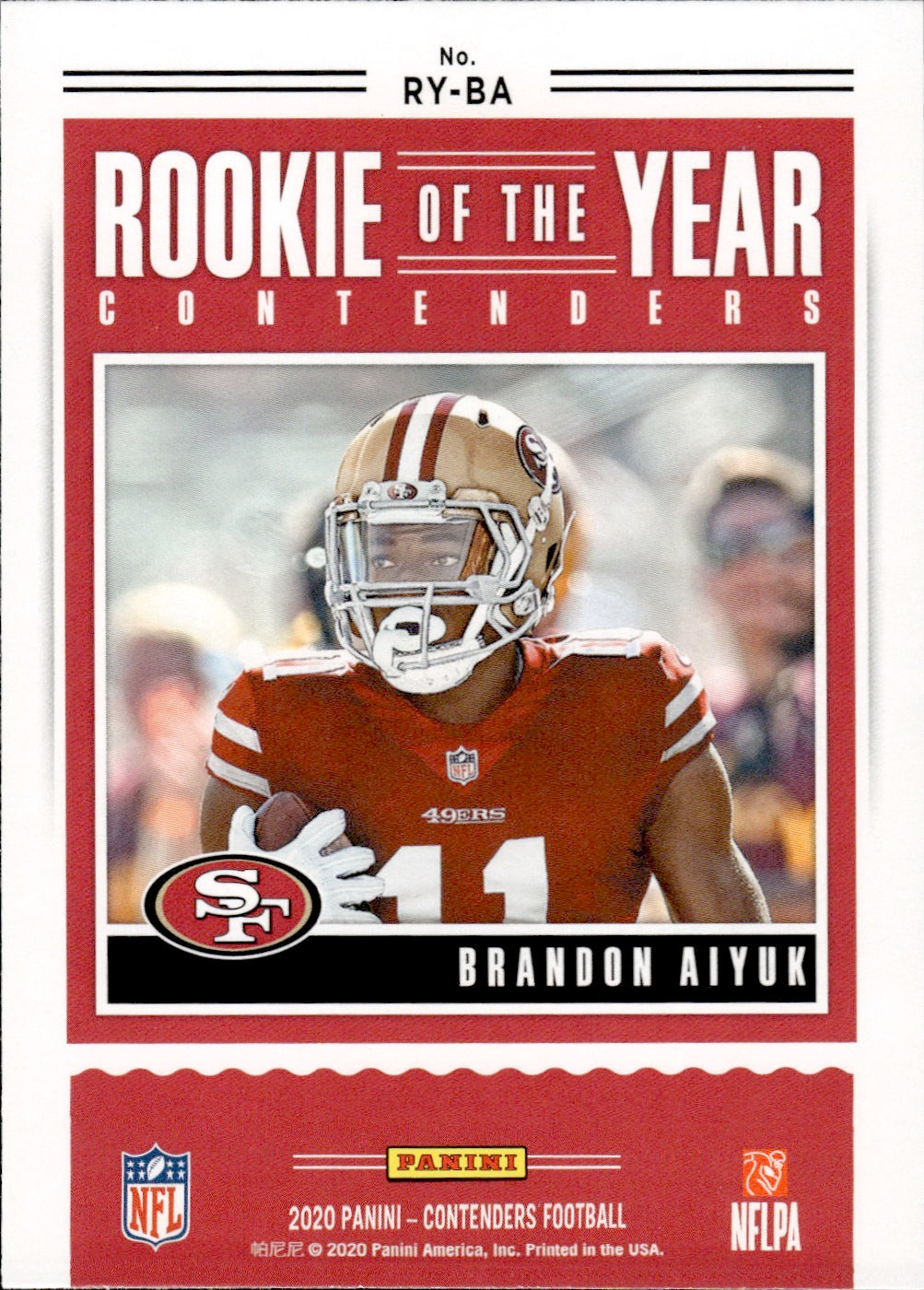 2020 Panini Contenders Football Rookie Of The Year #RY-BA Brandon Aiyuk - San Francisco 49ers