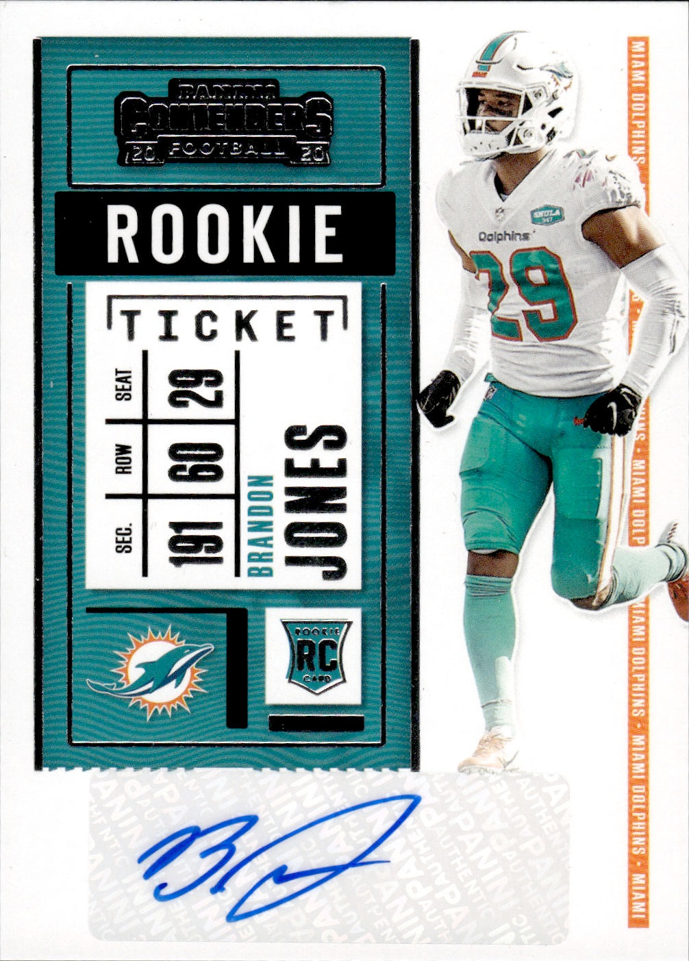 2020 Panini Contenders Football Rookie Ticket Auto #249 Brandon Jones - Miami Dolphins