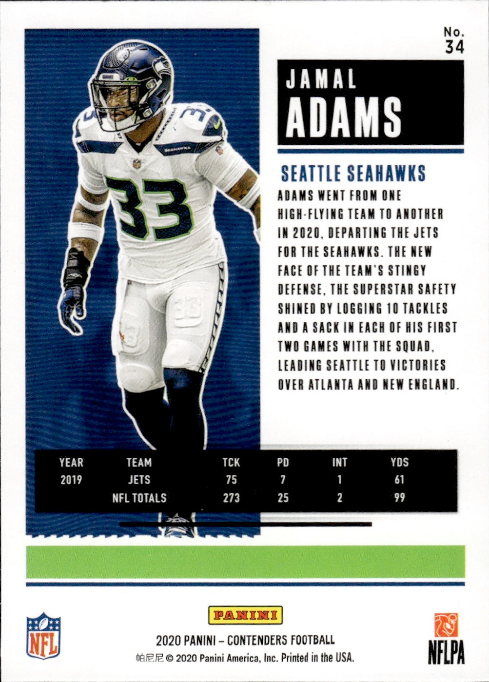 2020 Panini Contenders Football #34 Jamal Adams - Seattle Seahawks