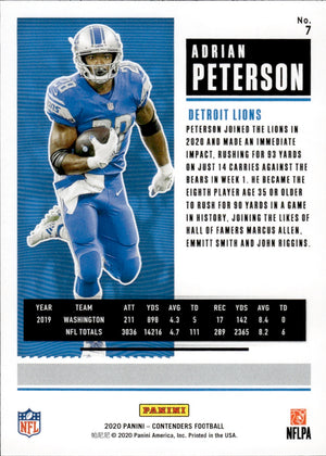 2020 Panini Contenders Football #7 Adrian Peterson - Detroit Lions