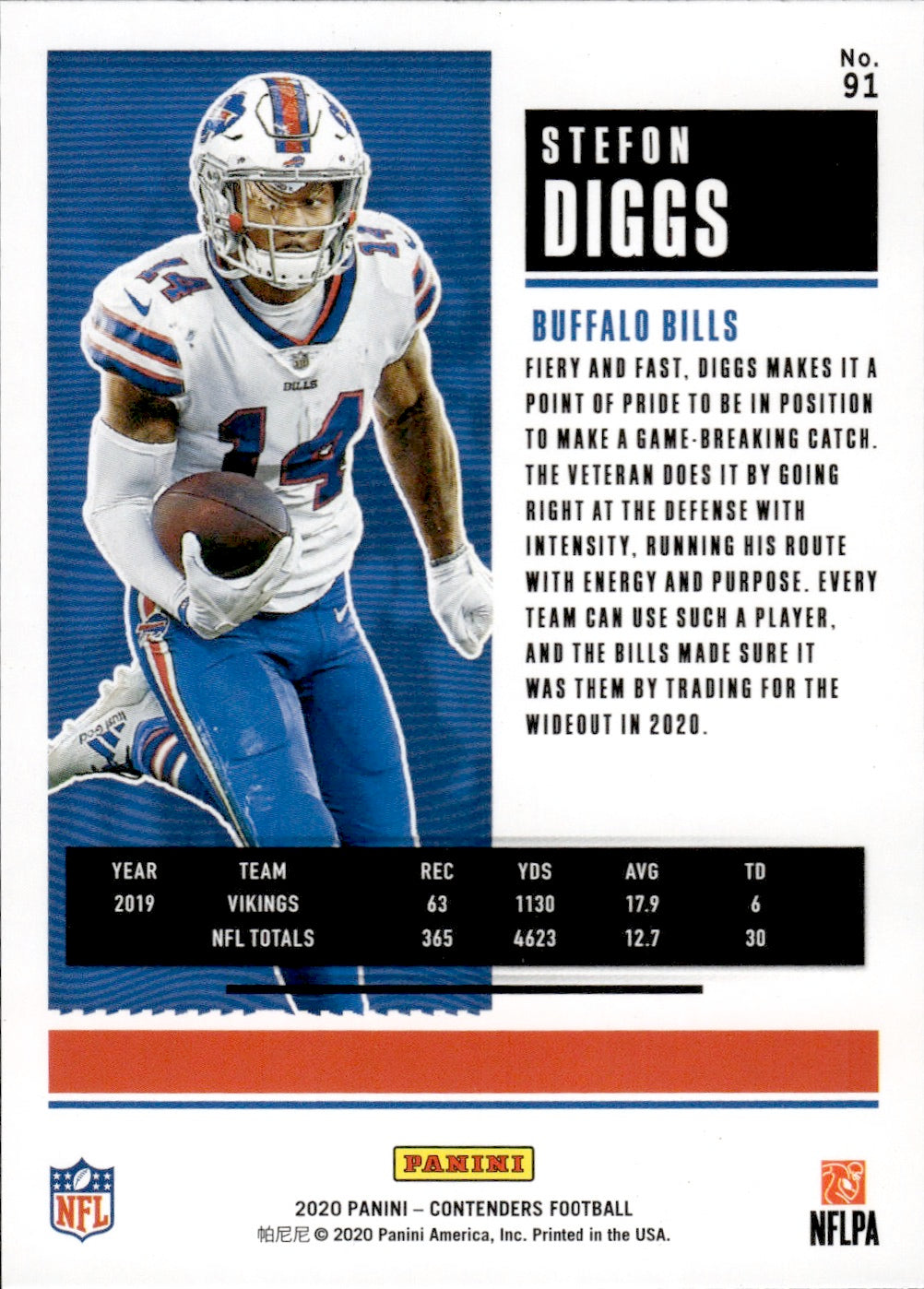 2020 Panini Contenders Football #91 Stedon Diggs - Buffalo Bills