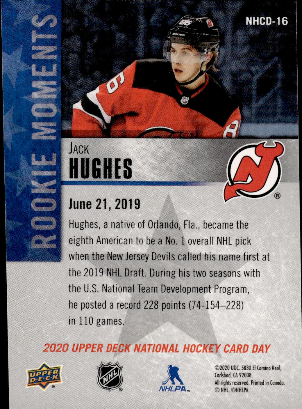 2020 Upper Deck National Hockey Card Day #NHCD-16 Jack Hughes - New Jersey Devils