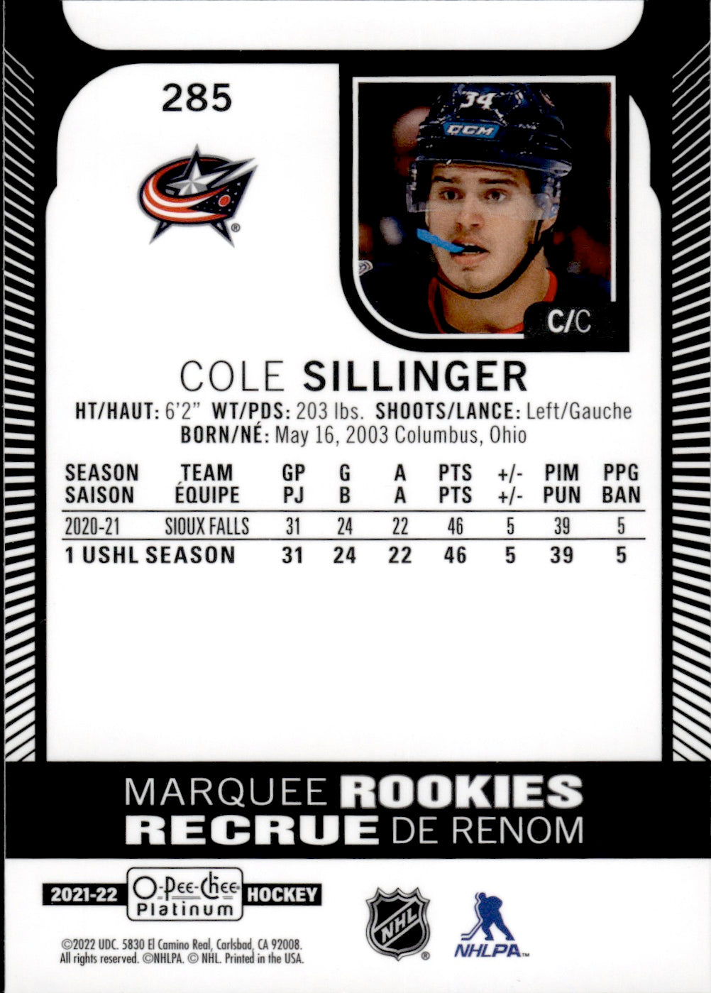 2021-22 Upper Deck O-Pee-Chee Platinum Hockey Marquee Rookies #285 Cole Sillinger - Columbus Blue Jackets