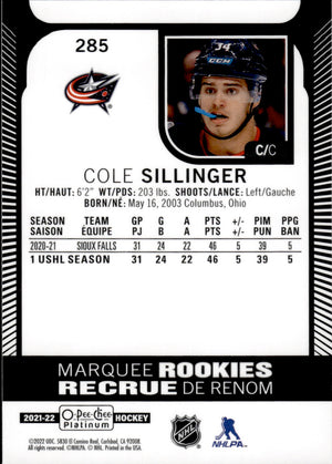 2021-22 Upper Deck O-Pee-Chee Platinum Hockey Marquee Rookies #285 Cole Sillinger - Columbus Blue Jackets