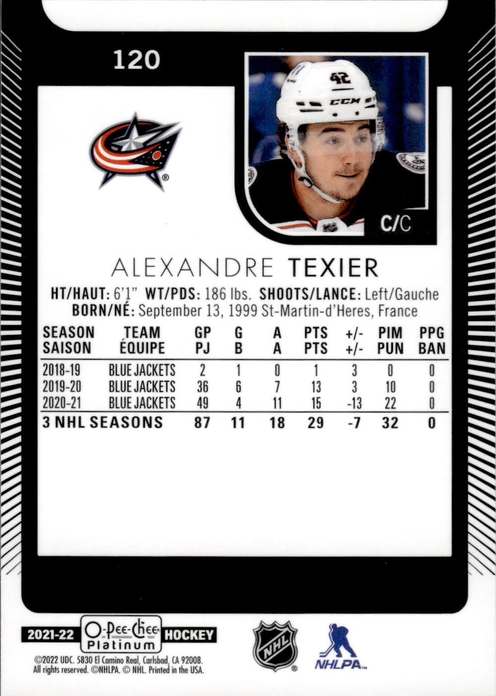 2021-22 Upper Deck O-Pee-Chee Platinum Hockey - Base - #120 Alexandre Texier - Columbus Blue Jackets