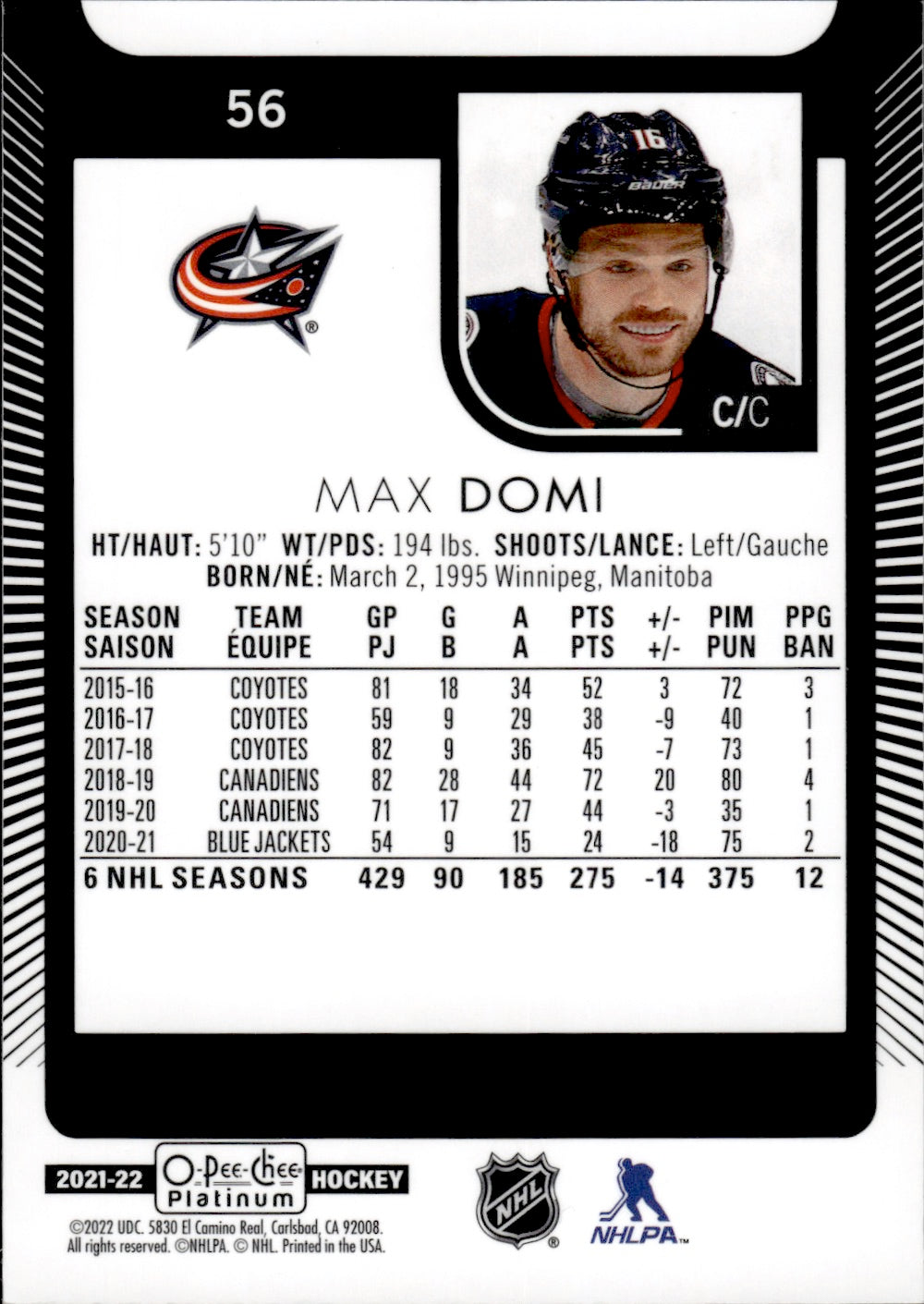 2021-22 Upper Deck O-Pee-Chee Platinum Hockey #56 Max Domi - Columbus Blue Jackets