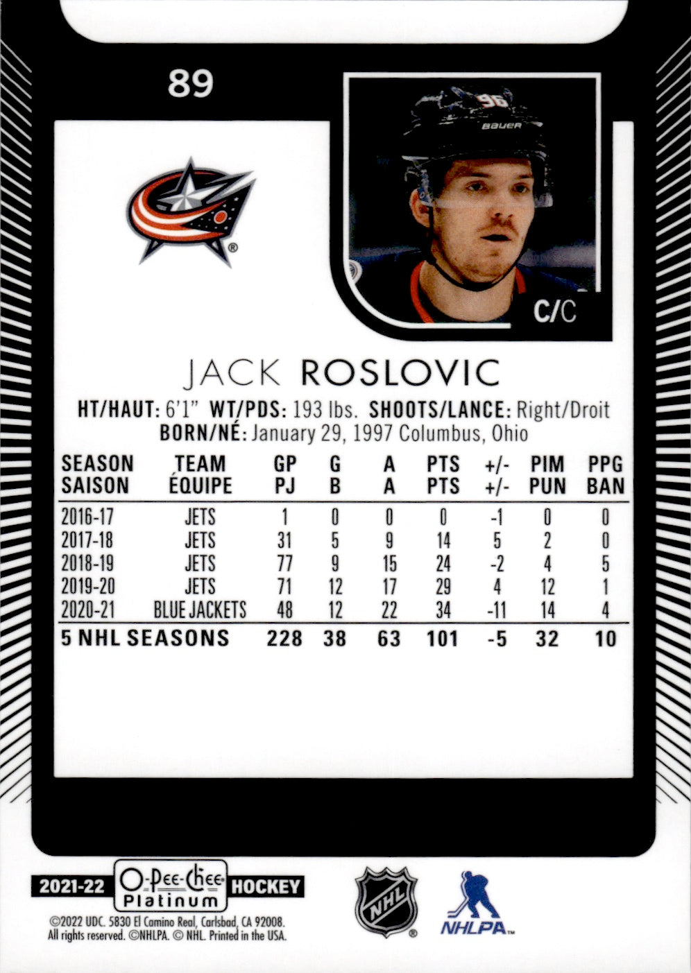 2021-22 Upper Deck O-Pee-Chee Platinum Hockey #89 Jack Roslovic - Columbus Blue Jackets