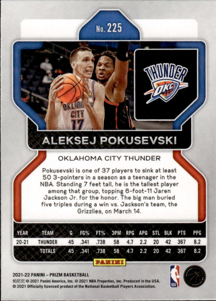 2021-22 Panini Prizm Basketball - Base #225 Aleksej Pokusevski - Oklahoma City Thunder