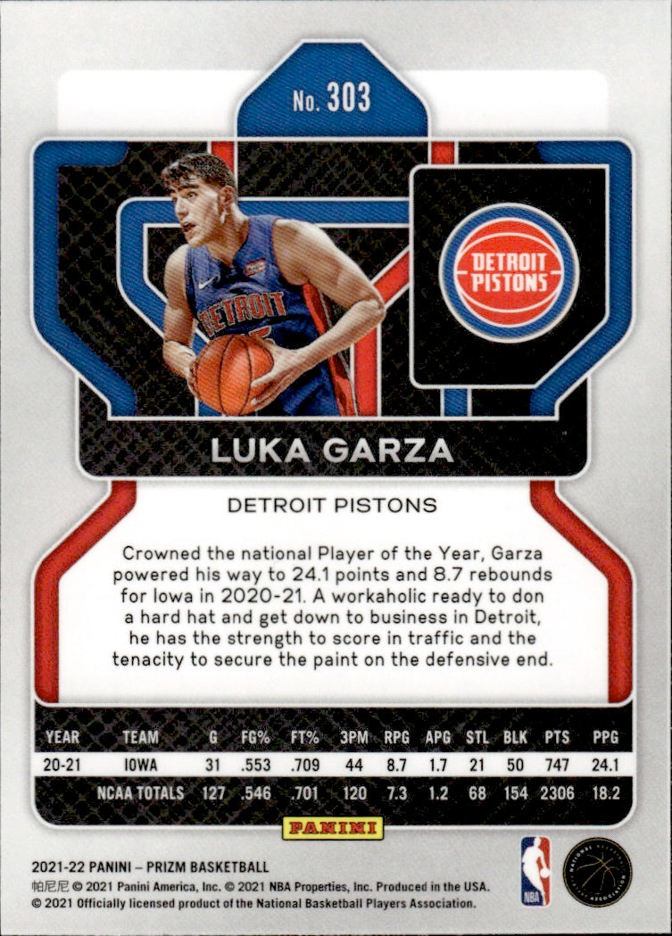 2021-22 Panini Prizm Basketball - Base - Rookie #303 Luka Garza - Detroit Pistons