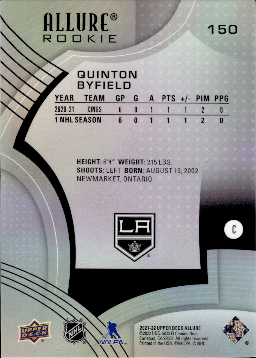 2021-22 Upper Deck Allure Hockey Base Rookie #150 Quinton Byfield - Los Angeles Kings