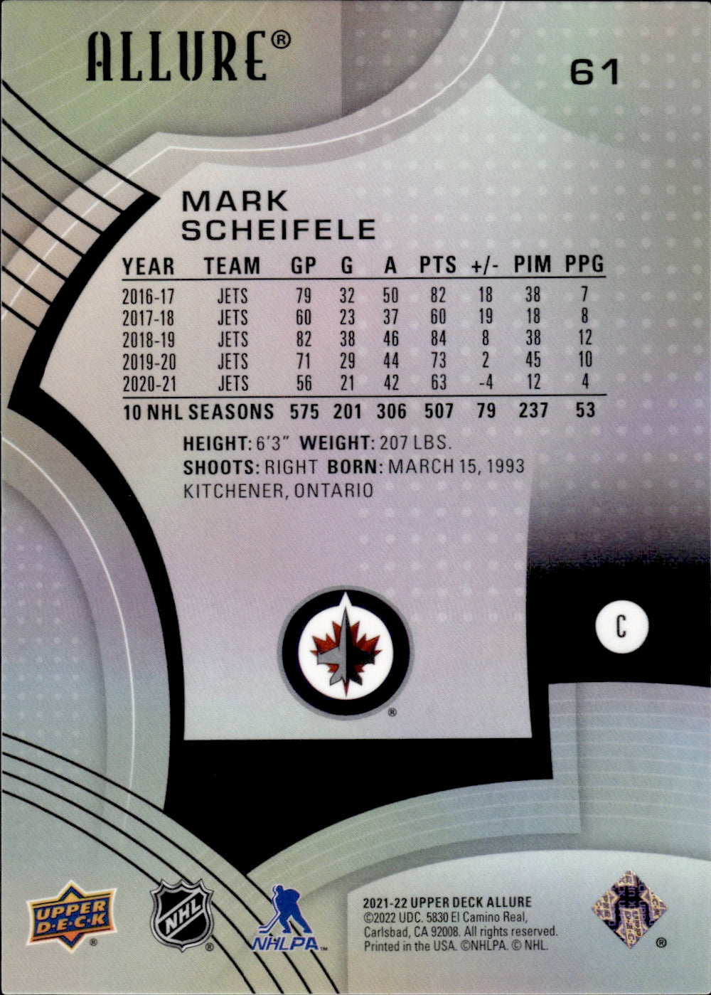 2021-22 Upper Deck Allure Hockey Base #61 Mark Scheifele - Winnipeg Jets